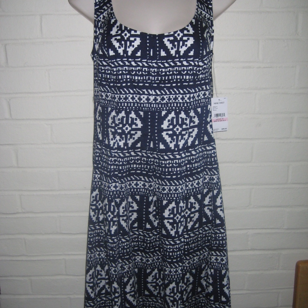 NWT Nine West Navy White Woodblock Print Dress 10